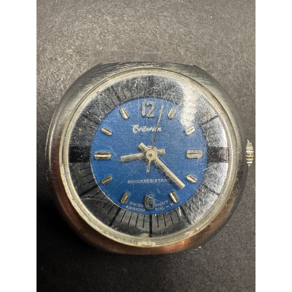 Vintage Criterion Shock Resistant Watch Swiss Movement Wind Up Blue Dial No Band